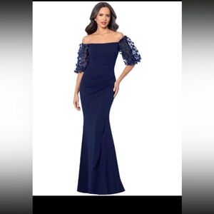 Xscape Brand-Dillards-Navy, off the shoulder gown, sheer puffed sleeve